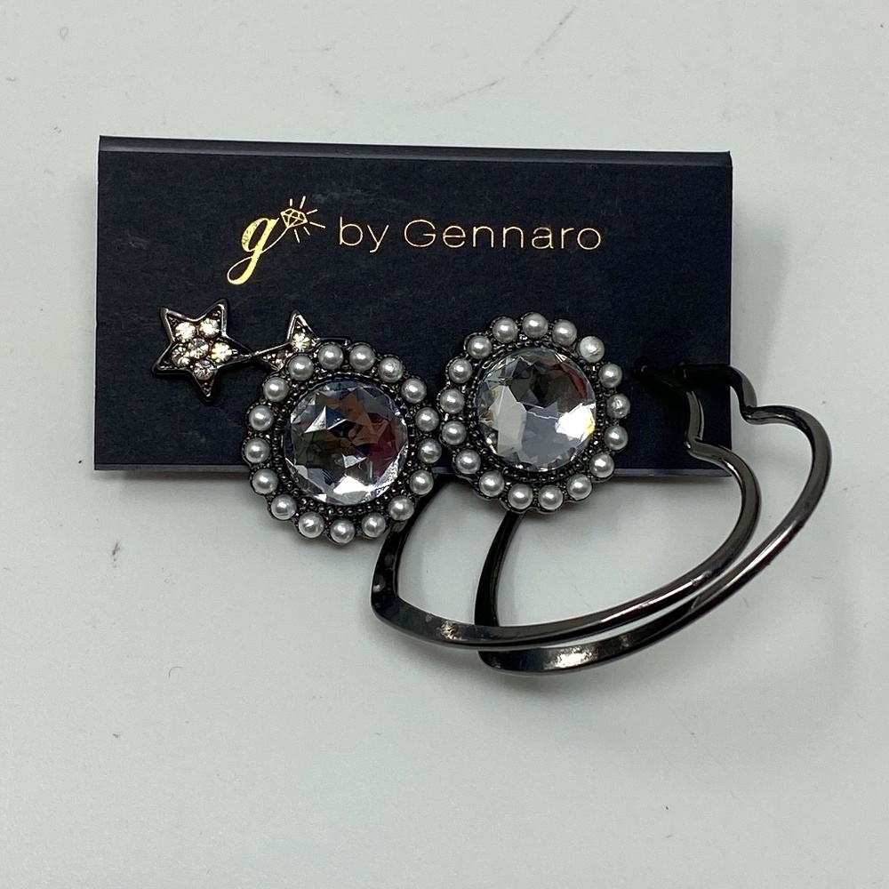 G by Gennaro Three Pair Gray Metal Earrings Hearts Rounds Stars Clear Rhinestone